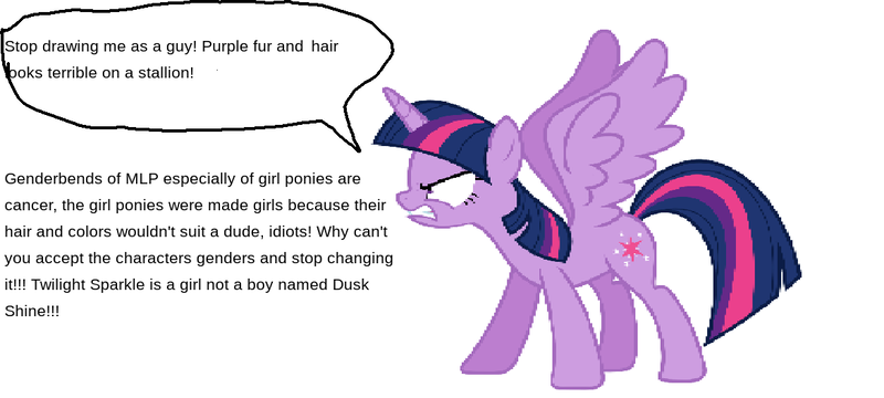 Size: 1170x526 | Tagged: safe, banned from derpibooru, deleted from derpibooru, derpibooru import, twilight sparkle, alicorn, angry, implied dusk shine, implied gender bender, mouthpiece, simple background, solo, text, white background