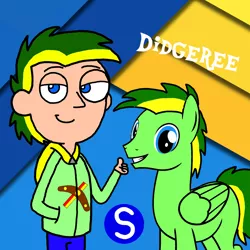 Size: 2070x2070 | Tagged: safe, artist:sebtheartist, banned from derpibooru, deleted from derpibooru, derpibooru import, oc, oc:didgeree, human, pegasus, pony, abstract background, blue eyes, clothes, hoodie, human ponidox, humanized, humanized oc, male, missing cutie mark, sebastien logo, self ponidox, stallion, thumbs up, trace