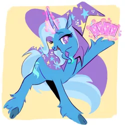 Size: 1280x1280 | Tagged: safe, artist:horsecanada9, banned from derpibooru, deleted from derpibooru, derpibooru import, trixie, classical unicorn, pony, unicorn, beard, cape, card, clothes, cloven hooves, curved horn, facial hair, female, goatee, hat, horn, leonine tail, lidded eyes, magic, mare, playing card, smiling, solo, telekinesis, trixie's cape, trixie's hat, unshorn fetlocks