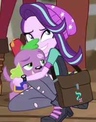 Size: 228x290 | Tagged: safe, banned from derpibooru, deleted from derpibooru, derpibooru import, edit, edited screencap, screencap, spike, spike the regular dog, starlight glimmer, dog, equestria girls, mirror magic, movie magic, spoiler:eqg specials, bag, boots, clothes, costume, cropped, dress, female, hug, kiss mark, kiss on the head, lipstick, lucky bastard, male, shipping, shoes, smiling, sparlight, spikelove, straight
