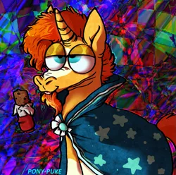 Size: 897x891 | Tagged: safe, artist:pony-puke, banned from derpibooru, deleted from derpibooru, derpibooru import, sunburst, pony, candy, candy bar, cape, clothes, faic, food, lidded eyes, male, smiling, solo, stallion