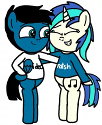 Size: 1008x1235 | Tagged: safe, artist:sebtheartist, banned from derpibooru, deleted from derpibooru, derpibooru import, vinyl scratch, oc, oc:pony video maker, pegasus, pony, unicorn, artflow, bipedal, canon x oc, clothes, eyes closed, female, male, quality, shipping, simple background, straight, sweater, videoscratch, white background