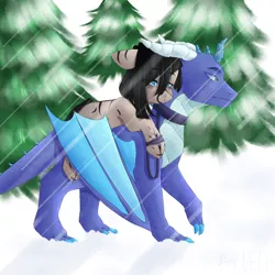 Size: 1200x1200 | Tagged: safe, artist:vell tea, banned from derpibooru, deleted from derpibooru, derpibooru import, oc, unofficial characters only, dragon, earth pony, pony, forest, snow, winter