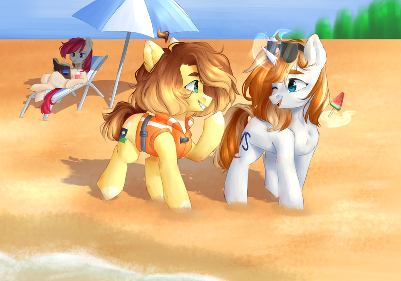 Size: 2000x1400 | Tagged: safe, artist:vell tea, banned from derpibooru, deleted from derpibooru, derpibooru import, oc, oc:lily script, oc:scroupy, oc:vell tea, unofficial characters only, earth pony, pony, unicorn, beach, female, food, forest, glasses, ice cream, life jackets, lifejacket, magic, male, smiley face, umbrella, water