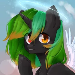 Size: 2200x2200 | Tagged: safe, artist:vell tea, banned from derpibooru, deleted from derpibooru, derpibooru import, oc, oc:izri, unofficial characters only, pony, unicorn, cloud, female, halo, sky, solo