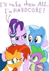 Size: 336x485 | Tagged: safe, artist:loserofhope, banned from derpibooru, deleted from derpibooru, derpibooru import, spike, starlight glimmer, sunburst, trixie, pony, unicorn, female, lesbian, male, mare, obscure reference, polyamory, shipping, sparlight, stallion, starburst, startrix, straight