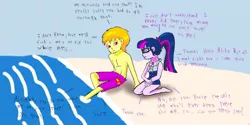 Size: 1280x642 | Tagged: safe, artist:israelyabuki, banned from derpibooru, deleted from derpibooru, derpibooru import, sci-twi, twilight sparkle, oc, oc:heat blitz, equestria girls, beach, clothes, crying, female, grammar error, male, swimsuit