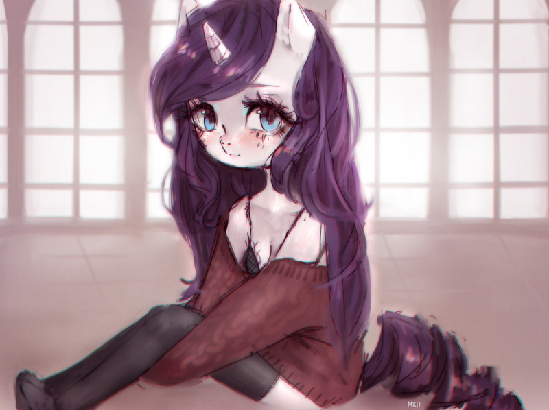 Size: 1280x956 | Tagged: safe, artist:marinakirby, banned from derpibooru, deleted from derpibooru, derpibooru import, rarity, anthro, alternate hairstyle, clothes, cute, female, lace, lingerie, looking at you, off shoulder, raribetes, sitting, socks, solo, stockings, sweater, thigh highs