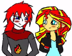 Size: 272x212 | Tagged: safe, artist:israelyabuki, banned from derpibooru, deleted from derpibooru, derpibooru import, sunset shimmer, oc, oc:eternal flames, equestria girls, blushing, canon x oc, clothes, cute, love