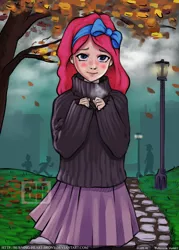 Size: 1500x2100 | Tagged: safe, artist:burning-heart-brony, banned from derpibooru, deleted from derpibooru, derpibooru import, pinkie pie, human, blushing, clothes, cute, humanized, lamp, leaf, leaves, moe, park, skirt, solo, streetlight, sweater, traditional art, tree