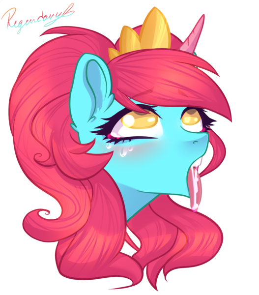 Size: 3250x3700 | Tagged: suggestive, artist:regenda, banned from derpibooru, deleted from derpibooru, derpibooru import, oc, oc:empress lace, alicorn, pony, ahegao, alicorn oc, blushing, commission, crown, drool, female, horn, jewelry, open mouth, regalia, solo, solo female, tongue out, wings, ych result, your character here