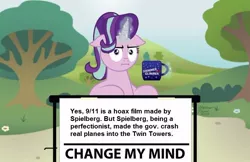 Size: 800x517 | Tagged: safe, banned from derpibooru, deleted from derpibooru, derpibooru import, edit, starlight glimmer, 9/11, change my mind, chocolate, conspiracy theory, dark comedy, food, hot chocolate, :i, i mean i see, meme, solo, text