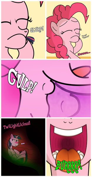 Size: 1514x2913 | Tagged: grimdark, questionable, artist:optica, banned from derpibooru, deleted from derpibooru, derpibooru import, pinkie pie, twilight sparkle, pony, burp, comic, consensual, digestion, fetish, happy, imminent death, licking, maw, micro, pinkie pred, soft vore, stomach acid, swallow, tasty, tongue out, uvula, vore