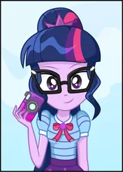 Size: 2613x3657 | Tagged: safe, artist:diilaycc, banned from derpibooru, deleted from derpibooru, derpibooru import, sci-twi, twilight sparkle, human, equestria girls, adorkable, camera, cute, dork, female, glasses, looking at you, smiling, solo, twiabetes