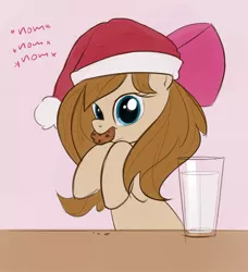 Size: 900x985 | Tagged: safe, artist:ponekone, banned from derpibooru, deleted from derpibooru, derpibooru import, oc, oc:cookie crumble, bow, christmas, cookie, food, hat, holiday, milk, nom, santa hat, solo, tumblr