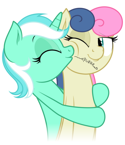 Size: 4314x5000 | Tagged: safe, artist:zutheskunk, banned from derpibooru, deleted from derpibooru, derpibooru import, bon bon, lyra heartstrings, sweetie drops, earth pony, pony, unicorn, absurd resolution, eyes closed, female, heart, hug, kissing, lesbian, lyrabon, one eye closed, purring, shipping, simple background, smiling, transparent background, vector