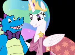 Size: 1328x984 | Tagged: artist needed, safe, artist:cheezedoodle96, banned from derpibooru, deleted from derpibooru, derpibooru import, edit, vector edit, princess celestia, alicorn, dragon, black background, bowtie, clothes, crossover, crown, dragon tales, dress, formal attire, formal dress, formal wear, gala dress, jewelry, looking down, ord, regalia, simple background, vector