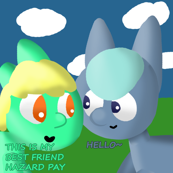 Size: 1000x1000 | Tagged: safe, artist:artdbait, banned from derpibooru, deleted from derpibooru, derpibooru import, oc, oc:goldy, oc:hazard pay, series:goldy and hazard, amber eyes, blue fur, cloud, dark blue eyes, dialogue, grass, greeting, introduction, light blue hair, simple background, simple shading, smiley face, yellow hair