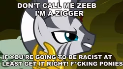 Size: 1280x720 | Tagged: episode needed, safe, banned from derpibooru, deleted from derpibooru, derpibooru import, edit, edited screencap, screencap, zecora, zebra, critical research failure, female, meme, mouthpiece, racism, solo, text, zebras as black people stereotype, ziggers