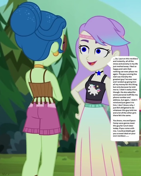 Size: 711x887 | Tagged: safe, banned from derpibooru, deleted from derpibooru, derpibooru import, edit, edited screencap, editor:thomasfan45, screencap, laurel jade, snow flower, human, equestria girls, equestria girls series, sunset's backstage pass!, spoiler:eqg series (season 2), 1000 hours in ms paint, background human, butt, clothes, description is relevant, dress, duo, duo female, ear piercing, earring, female, hair bun, hypno eyes, implied brainwashing, implied space camp (character), jewelry, midriff, mind control, necklace, piercing, pine tree, sexy, shorts, sleeveless, speech bubble, starswirl music festival, story included, talking, tanktop, tree