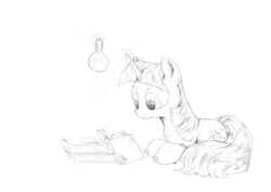 Size: 3508x2480 | Tagged: safe, artist:altopony, banned from derpibooru, deleted from derpibooru, derpibooru import, twilight sparkle, pony, unicorn, book, cute, laying on stomach, lightbulb, magic, monochrome, reading, sketch, solo, telekinesis, twiabetes, unicorn twilight