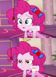 Size: 828x1136 | Tagged: safe, banned from derpibooru, deleted from derpibooru, derpibooru import, edit, edited screencap, editor:thomasfan45, screencap, pinkie pie, human, equestria girls, equestria girls series, spring breakdown, spoiler:eqg series (season 2), 1000 hours in ms paint, angry, bow, clothes, corrupted, corrupted pinkie pie, dark magic, description is relevant, dress, evil, evil eyes, female, geode of sugar bombs, glowing pendant, hair bow, jewelry, magic, magical geodes, male, mental shift, mind control, offscreen character, offscreen male, pendant, solo, speech bubble, story included, turned evil