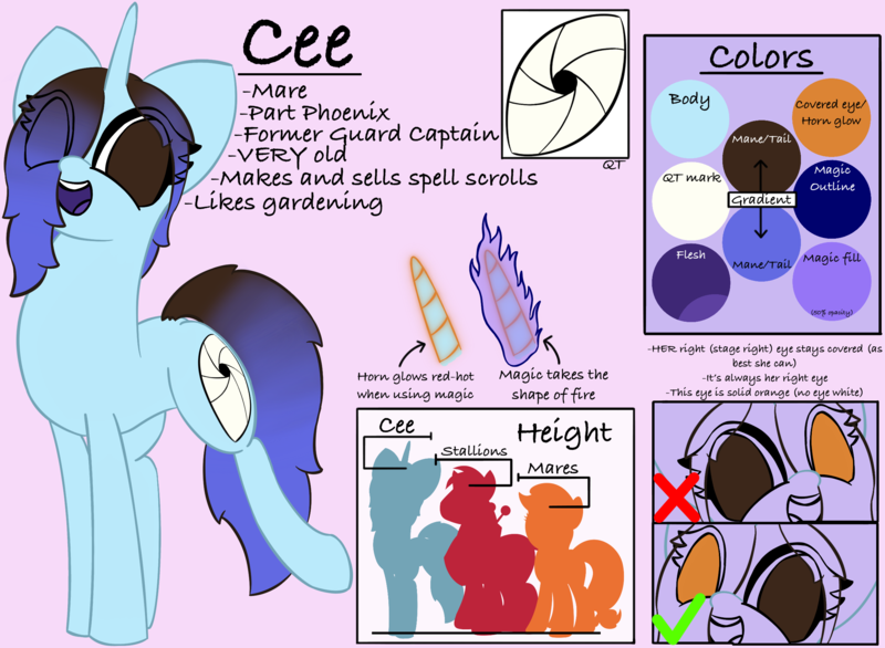 Size: 2430x1779 | Tagged: safe, artist:ceemakesstuff, banned from derpibooru, deleted from derpibooru, derpibooru import, oc, oc:cee, unofficial characters only, pony, unicorn, cutie mark, eye clipping through hair, female, magic, no pupils, reference sheet, text