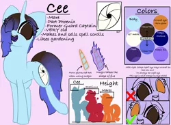 Size: 2430x1779 | Tagged: safe, artist:ceemakesstuff, banned from derpibooru, deleted from derpibooru, derpibooru import, oc, oc:cee, unofficial characters only, pony, unicorn, cutie mark, eye clipping through hair, female, magic, no pupils, reference sheet, text