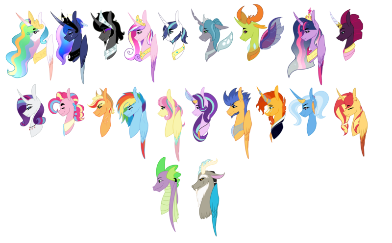 Size: 4000x2479 | Tagged: safe, artist:thehappiestgolucky, banned from derpibooru, deleted from derpibooru, derpibooru import, applejack, discord, fizzlepop berrytwist, flash sentry, fluttershy, king sombra, pinkie pie, princess cadance, princess celestia, princess luna, queen chrysalis, rainbow dash, rarity, shining armor, spike, starlight glimmer, sunburst, sunset shimmer, tempest shadow, trixie, twilight sparkle, twilight sparkle (alicorn), alicorn, changedling, changeling, draconequus, dragon, earth pony, pegasus, pony, unicorn, alternate design, bust, high res, mane seven, mane six, simple background, transparent background