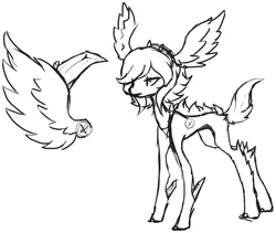 Size: 729x615 | Tagged: safe, artist:axolotlshy, banned from derpibooru, deleted from derpibooru, derpibooru import, oc, unofficial characters only, deer, deer pony, original species, ear fluff, lineart, monochrome, simple background, solo, white background, wings