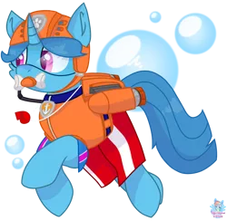 Size: 1335x1303 | Tagged: safe, artist:rainbow eevee, banned from derpibooru, deleted from derpibooru, derpibooru import, spring rain, unicorn, series:sprglitemplight life jacket days, series:springshadowdrops life jacket days, bubble, collar, crossover, cute, female, lifeguard, lifeguard spring rain, oxygen tank, paw patrol, simple background, snorkeling, solo, sticker, transparent background, underwater, vector, whistle, zuma