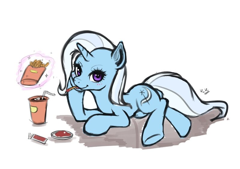 Size: 1414x1000 | Tagged: safe, artist:the-park, banned from derpibooru, deleted from derpibooru, derpibooru import, trixie, pony, unicorn, blushing, cute, diatrixes, drink, eating, female, food, french fries, ketchup, looking at you, magic, mare, prone, sauce, simple background, soda, solo, straw, telekinesis, white background