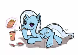 Size: 1414x1000 | Tagged: safe, artist:the-park, banned from derpibooru, deleted from derpibooru, derpibooru import, trixie, pony, unicorn, blushing, cute, diatrixes, drink, eating, female, food, french fries, ketchup, looking at you, magic, mare, prone, sauce, simple background, soda, solo, straw, telekinesis, white background