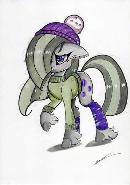 Size: 4920x6972 | Tagged: safe, artist:luxiwind, banned from derpibooru, deleted from derpibooru, derpibooru import, marble pie, pony, absurd resolution, clothes, leg warmers, solo, sweater, traditional art, winter cap