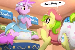 Size: 1280x854 | Tagged: suggestive, artist:kurikia, banned from derpibooru, deleted from derpibooru, derpibooru import, oc, oc:patty cakes, oc:starling, unofficial characters only, earth pony, pony, unicorn, bow, clothes, diaper, diaper fetish, dress, female, fetish, hair bow, hat, male, mare, stallion, text bubbles