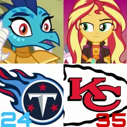 Size: 2289x2289 | Tagged: safe, banned from derpibooru, deleted from derpibooru, derpibooru import, princess ember, sunset shimmer, dragon, equestria girls, afc championship, american football, kansas city chiefs, nfl, nfl playoffs, shocked, sports, tennessee titans