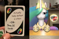 Size: 680x455 | Tagged: safe, artist:stormxf3, banned from derpibooru, deleted from derpibooru, derpibooru import, edit, editor:deleted user, princess celestia, alicorn, human, pony, angry, card game, draw 25, female, irl, levitation, magic, mare, meme, photo, playing, ponies in real life, princess celestia is not amused, shots fired, telekinesis, uno, uno meme, uselesstia