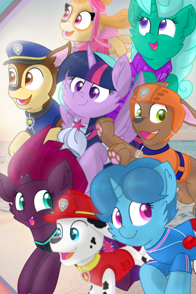 Size: 1500x2250 | Tagged: safe, artist:rainbow eevee, banned from derpibooru, deleted from derpibooru, derpibooru import, fizzlepop berrytwist, glitter drops, spring rain, tempest shadow, twilight sparkle, twilight sparkle (alicorn), alicorn, cocker spaniel, dalmatian, dog, german shepherd, pony, poodle, unicorn, series:sprglitemplight life jacket days, series:springshadowdrops life jacket days, alternate universe, beach, beautiful, bisexual, broken horn, chase, chase (paw patrol), cheek fluff, chocolate lab, clothes, cockapoo, collar, colored pupils, colors, cute, cutie mark, dress, equestria girls outfit, female, fire fighter, glitterbetes, glitterlight, glittershadow, goggles, group photo, happy, hat, helmet, horn, irl, lesbian, lifeguard, lifeguard spring rain, male, marshall, marshall (paw patrol), ocean, open mouth, paw patrol, paws, phone wallpaper, photo, polyamory, shipping, skye, skye (paw patrol), smiling, spread wings, sprglitemplight, springbetes, springdrops, springlight, springshadow, springshadowdrops, sunset, swimsuit, tempestbetes, tempestlight, wallpaper, water, whistle, whistle necklace, wings, zuma, zuma (paw patrol)