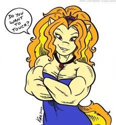 Size: 1051x1138 | Tagged: safe, artist:kaemantis, banned from derpibooru, deleted from derpibooru, derpibooru import, edit, part of a set, adagio dazzle, anthro, acardio dazzle, amazon, biceps, clothes, commission, disguise, disguised siren, dress, flexing, gem, looking at you, muscles, pecs, siren gem, smiling