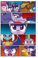 Size: 1988x3056 | Tagged: safe, artist:agnesgarbowska, banned from derpibooru, deleted from derpibooru, derpibooru import, idw, pinkie pie, prince rutherford, princess ember, prominence, soarin', spike, starlight glimmer, twilight sparkle, twilight sparkle (alicorn), alicorn, dragon, earth pony, pegasus, pony, unicorn, yak, spoiler:comic, spoiler:comic56, angry, armor, clothes, cute, diapinkes, dragoness, faic, female, grin, lidded eyes, male, mare, smiling, speech bubble, stallion, surprised, uniform, wonderbolts uniform