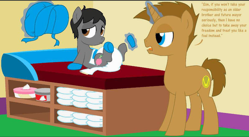 Size: 1079x593 | Tagged: safe, artist:kittythenerd, banned from derpibooru, deleted from derpibooru, derpibooru import, ponified, pony, unicorn, colt, diaper, frown, glowing horn, horn, horton hears a who, magic, male, speech, stallion, talking, telekinesis