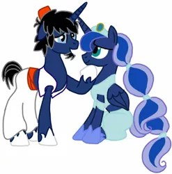 Size: 704x712 | Tagged: safe, artist:kittythenerd, banned from derpibooru, deleted from derpibooru, derpibooru import, princess luna, oc, oc:frenzy, alicorn, pony, unicorn, aladdin, canon x oc, clothes, costume, female, fez, hat, hoof shoes, jasmine, male, mare, shipping, simple background, stallion, straight, white background