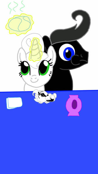 Size: 720x1280 | Tagged: safe, artist:kittythenerd, banned from derpibooru, deleted from derpibooru, derpibooru import, oc, oc:cloud breeze, oc:thunderbolt, unofficial characters only, pegasus, pony, unicorn, baby, baby pony, diaper, female, glowing horn, horn, magic, male, mare, stallion, telekinesis