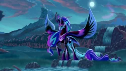Size: 5120x2880 | Tagged: safe, artist:astralmelodia, banned from derpibooru, deleted from derpibooru, derpibooru import, nightmare moon, alicorn, pony, alternate universe, canterlot, cloud, colored wings, colored wingtips, female, forest, jewelry, mare, moon, mountain, night, redesign, rock, signature, sky, solo, stars, text, unshorn fetlocks, veil, water, waterfall, wings