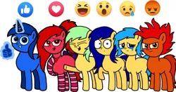 Size: 2478x1295 | Tagged: safe, artist:sebtheartist, banned from derpibooru, deleted from derpibooru, derpibooru import, oc, ponified, earth pony, pony, unicorn, angry, blank flank, clothes, eyes closed, facebook like, facebook reactions, female, fire hair, glowing horn, horn, jewelry, laughing, love, magic, male, mare, necklace, no tail, sad, simple background, socks, stallion, striped socks, surprised, telekinesis, white background