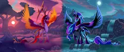 Size: 6880x2880 | Tagged: safe, artist:astralmelodia, banned from derpibooru, deleted from derpibooru, derpibooru import, nightmare moon, princess celestia, alicorn, pony, absurd resolution, alternate universe, armor, canterlot, cloud, colored wings, colored wingtips, day, forest, gradient wings, jewelry, moon, mountain, night, redesign, signature, story included, sun, sunrise, text, tree, unshorn fetlocks, veil, wall of text, water, waterfall, wings