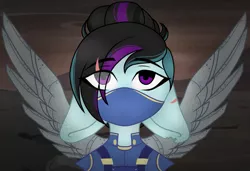 Size: 1313x900 | Tagged: safe, artist:starchildtm, banned from derpibooru, deleted from derpibooru, derpibooru import, oc, oc:rosalina skies, pegasus, pony, bangs, blind in one eye, fake wings, mask, scar, solo, war