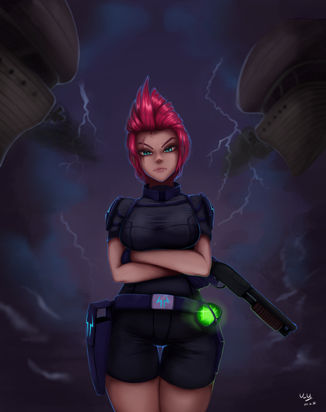 Size: 791x1000 | Tagged: safe, artist:the-park, banned from derpibooru, deleted from derpibooru, derpibooru import, tempest shadow, human, my little pony: the movie, airship, armor, crossed arms, female, lightning, no trigger discipline, orb, sawed off shotgun, scar, sky, solo, thighs, thunder thighs