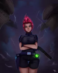 Size: 791x1000 | Tagged: safe, artist:the-park, banned from derpibooru, deleted from derpibooru, derpibooru import, tempest shadow, human, my little pony: the movie, airship, armor, crossed arms, female, lightning, no trigger discipline, orb, sawed off shotgun, scar, sky, solo, thighs, thunder thighs