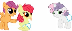 Size: 1136x496 | Tagged: safe, artist:kittythenerd, banned from derpibooru, deleted from derpibooru, derpibooru import, apple bloom, scootaloo, sweetie belle, earth pony, pegasus, pony, unicorn, cutie mark crusaders, diaper, female, filly, messy mane, mouth hold, pointing, raised hoof, sad, simple background, underhoof, white background